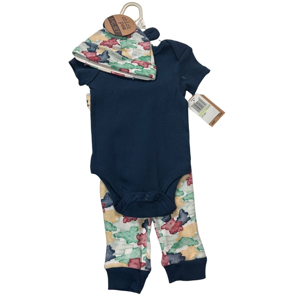 Chick Pea Baby 3 Piece Set Navy Ribbed Bodysuit Camo Pants and Hat 6-9 Months